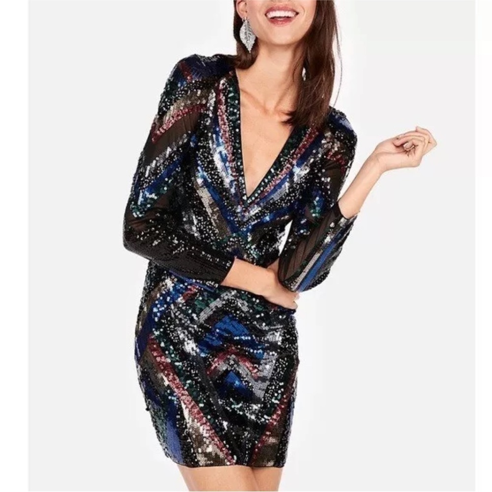 Express Colorblock Sequin Mini Dress Sz Small (size‎ tag removed) Long Sleeve